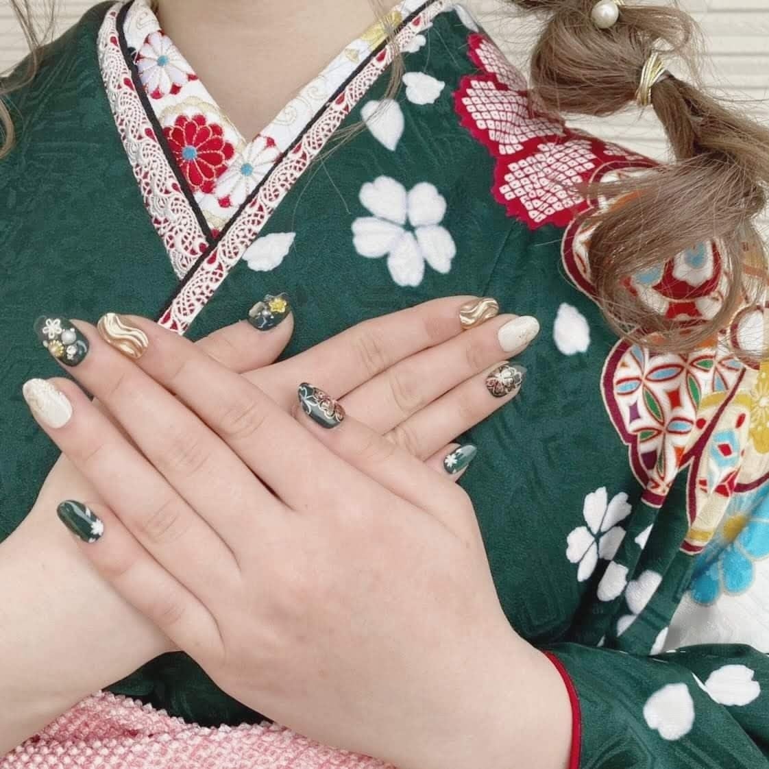 69 ネイルチップ 振袖ネイル 和装ネイル 前撮りネイル 緑ネイル 和柄