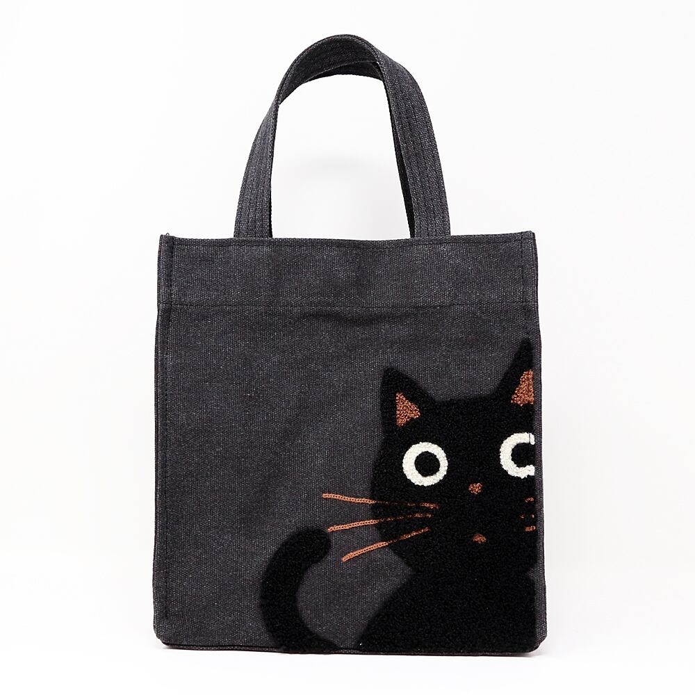 【リップンディップ】 ネコ 猫 ねこ CAT トートバッグ 黒ブラック×ベージュ