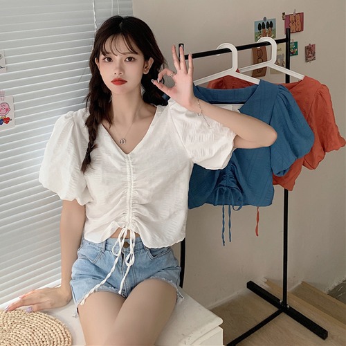 ✞ Vネックプリーツギャザーショートシャツブラウス ✞ゴスロリ SM ミリ 甘ロリ クラロリ 和ロリ エレガント 黒ロリ 姫ロリ 華ロリ BB-BB8301589