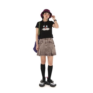 XYJ茶色デニムプリーツミニスカート