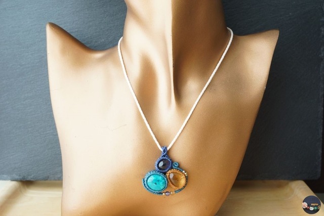 クリソコラ&シトリン&アイオライトのマクラメネックレス - voyage -【一点物】