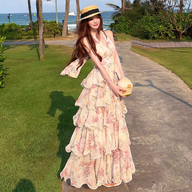 【SummerVacationシリーズ】ワンピース 花柄 バックリボン シフォン おしゃれ S M L
