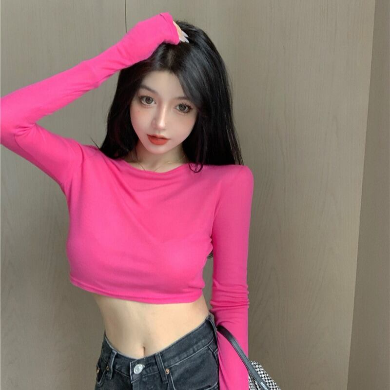 ローズレッドショートハイウエストアンビリカルTシャツレディース初秋ウェアタイトトップ2020新しい長袖ボトミングシャツ ブラックストロベリース497887945