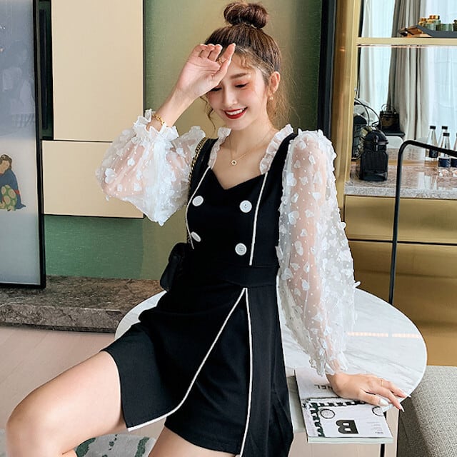 お呼ばれワンピース セットアップ ドレス ショート シースルー アシンメトリー チュールレース ショーパンセット 立体モチーフ ペンタゴンネック ハート バイカラー シアー シースルー モノトーン ショート長袖 パフスリーブ ボリューム袖 ブラック S/M/L/XL/2XL