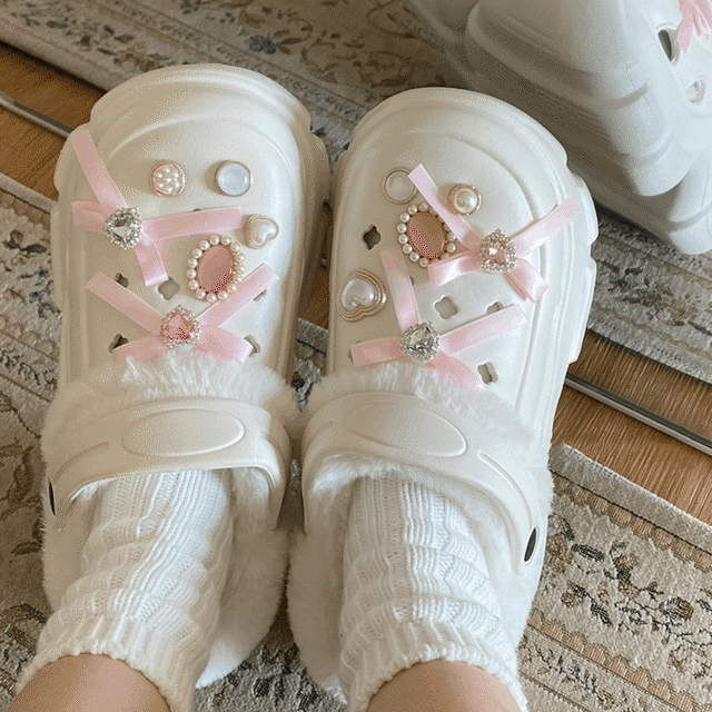 桜色胡蝶結び裏起毛ラインドクロッグ