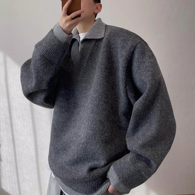 Retro Faux Two-Piece V-Neck Knit Sweater – Loose Gray Winter Pullover (FD059)