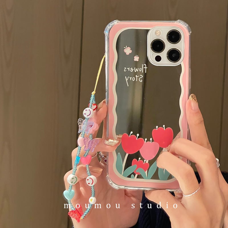 落書き風 お花 ミラーiphoneケース ビーズ ストラップ付き 韓国 スマホケース Choice 31 レディースファッション通販
