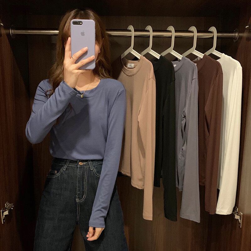 スプリングベーシックソリッド カラーラウンドネックシャツ Tシャツ トップス ロング 春物 Oネック ソリッドカラー 萌量不足93812196270