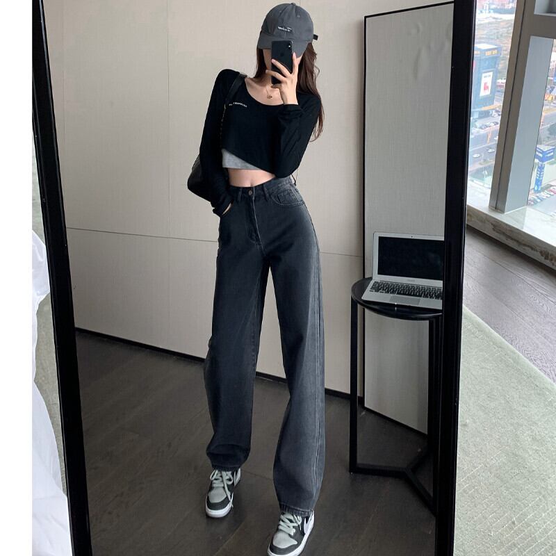 スタンダードハイウェストジーンズ オータムルーズ薄手パンツ レトロ ストリート 秋物 ガールズファッション63873496089