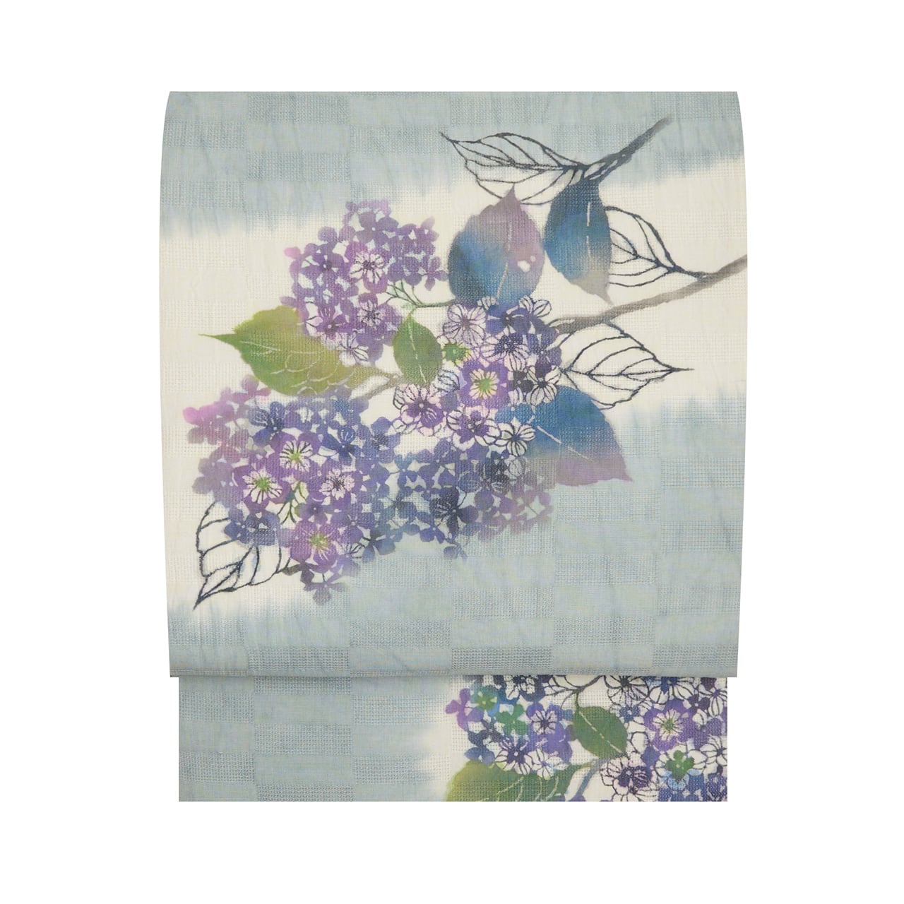 日本工芸会正会員 岩井香楠子 「アジサイ」 型絵染 麻 開名古屋帯