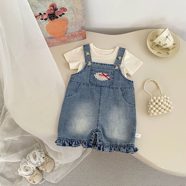 【BABY】フリル刺繍デニムサロペットロンパース - 11