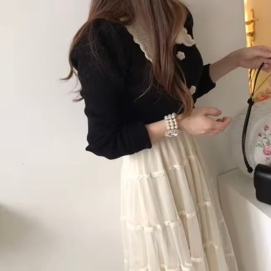 スカラップカラーフラワーボタンカーディガン