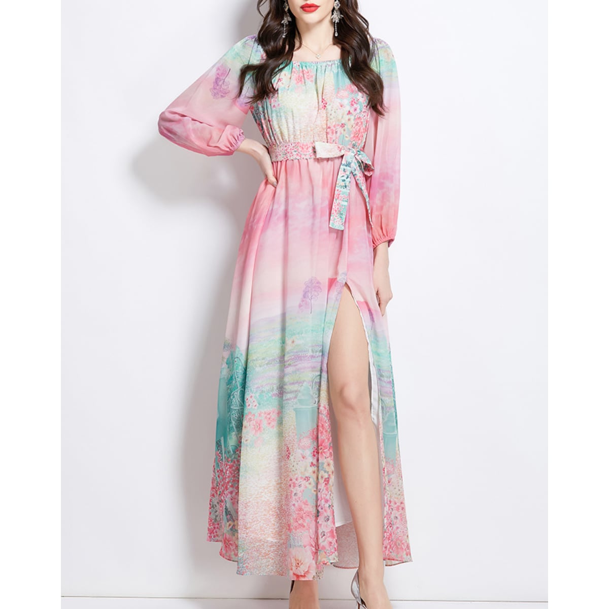 グラデーションフローラルスリットワンピース L1704