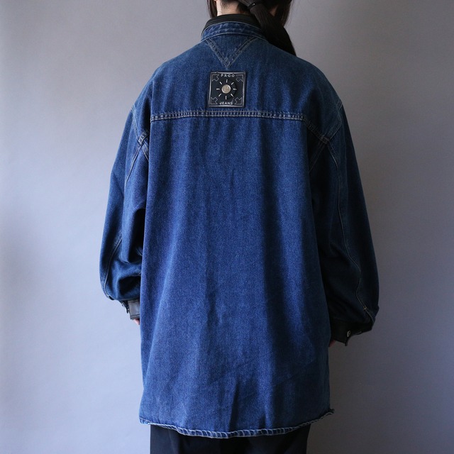 fake leather switching design over silhouette denim jacket