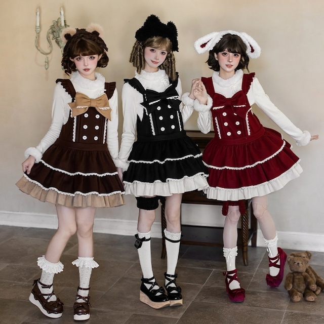 冬の愛されアニマルJSK 耳ヘッドドレス付2点セット｜大人可愛いフリルジャンパースカートの温もり装い