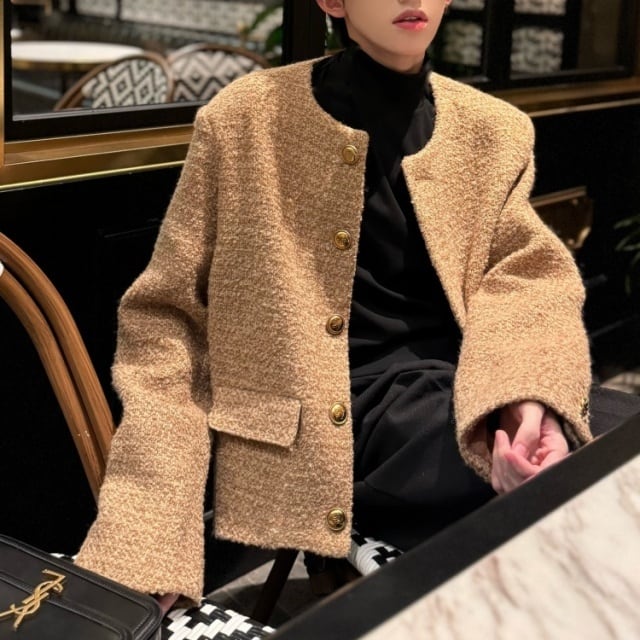 【予約販売】ジャケット ツイード メンズ ベージュ ショート丈 シック ノーカラー こなれ感 お洒落 かっこいい 韓国 トレンド 春 S/M/L/XL/2XL