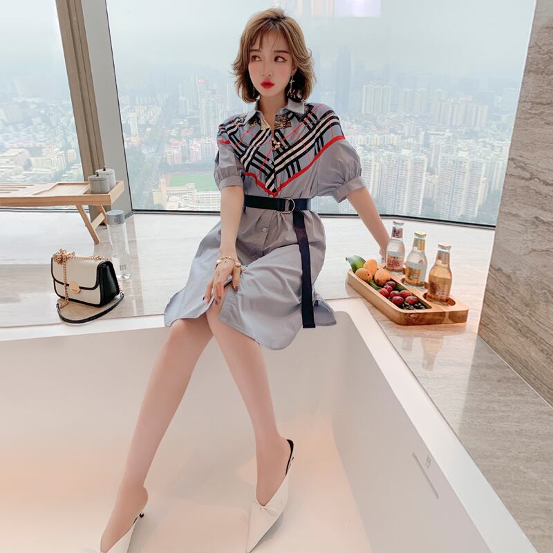 スタンダードカラープリントウェストスリムシャツ ドレス スプリング レトロ 春物 MIUCO88133832957