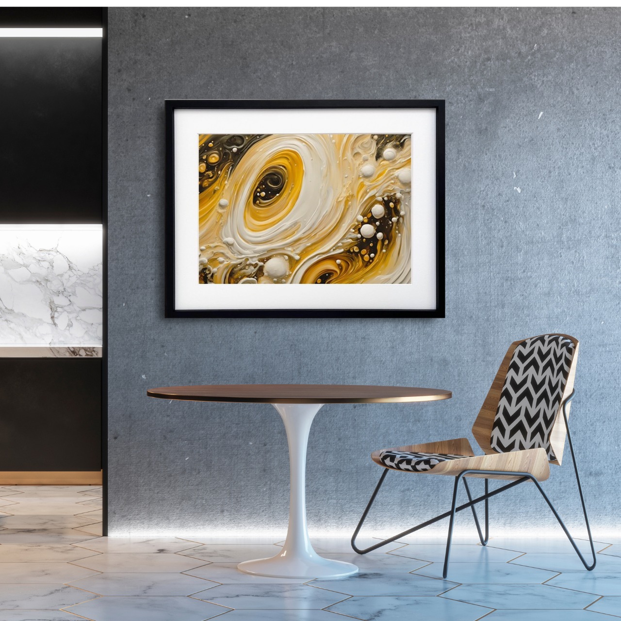 Golden Foam Flow｜ビールの泡と流れを描いた抽象アートポスター｜大人の晩酌空間を彩るモダンアート｜A3ポスター