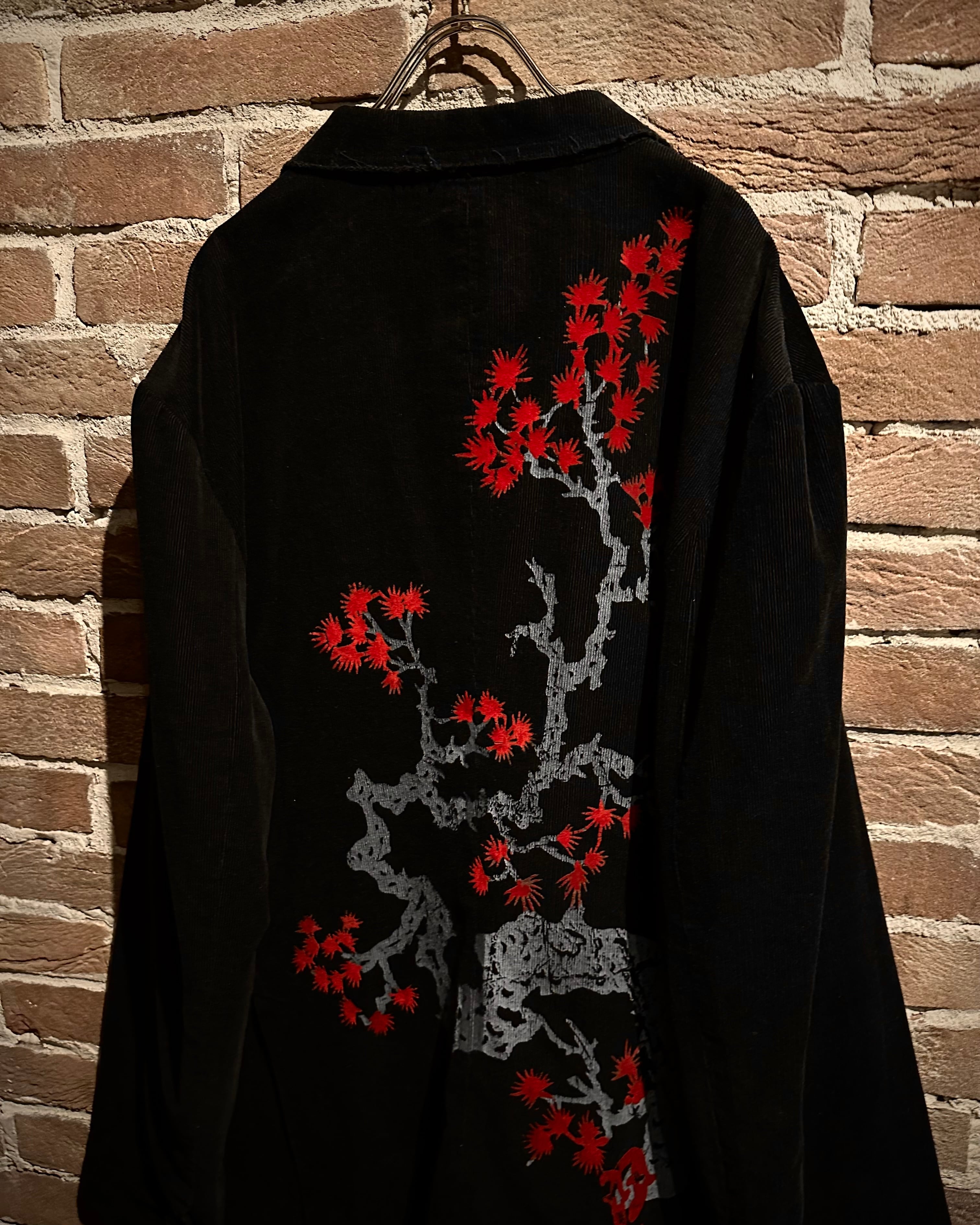 Caka act3】Black Corduroy Maple Print Design Vintage Tailored