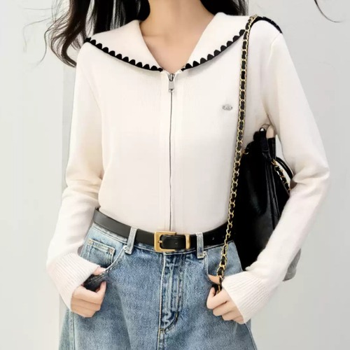 3色／配色セーラーカラーダブルジップカーデ ・72907