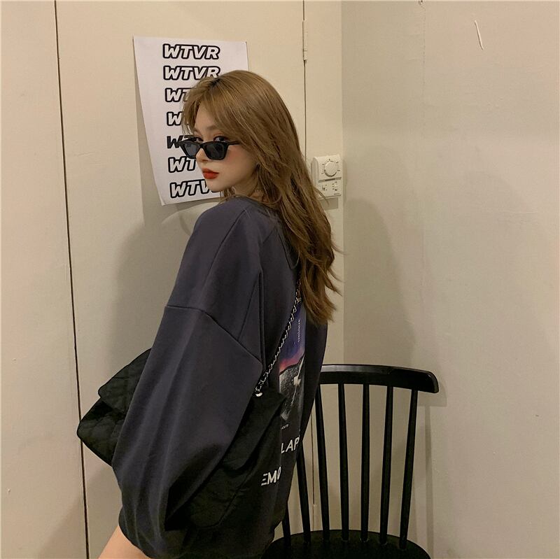 ルーズプルオーバープリントグレーセーターレディース2020年秋新作レイジースタイルミドル丈長袖トップス ブラックストロベリース60440343396