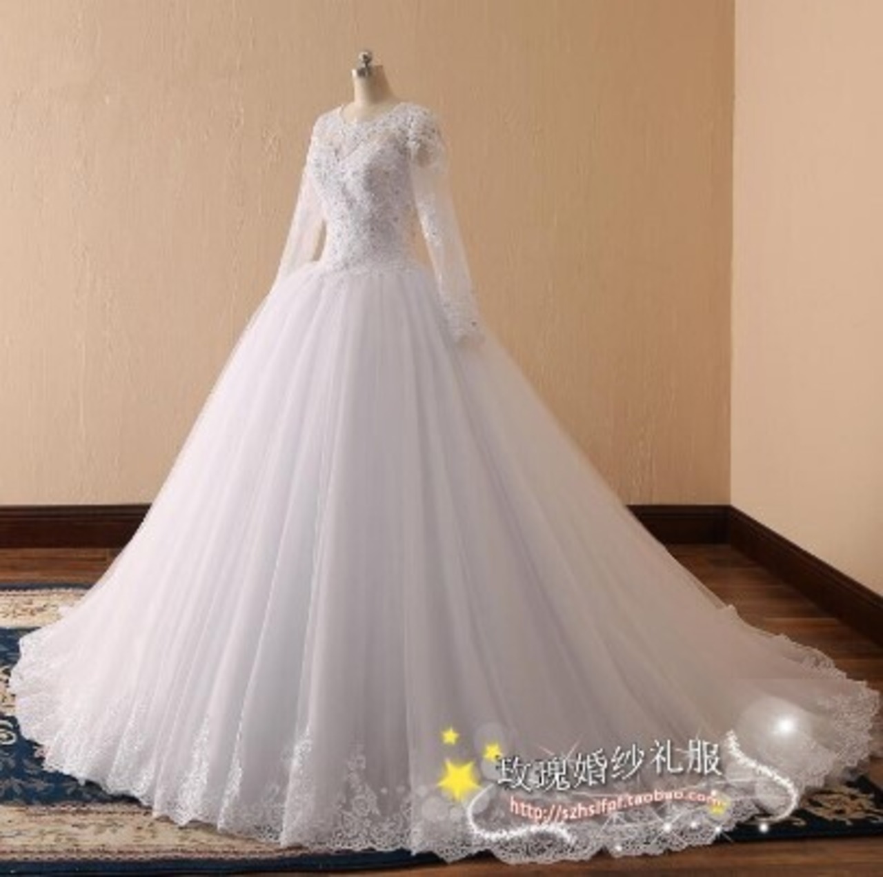高品質！ ウエディングドレス ホワイト 繊細レース 長袖 編み上げ  