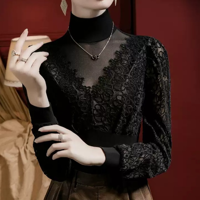ハイネック レース デザイン トップス ロングスリーブ ds1009