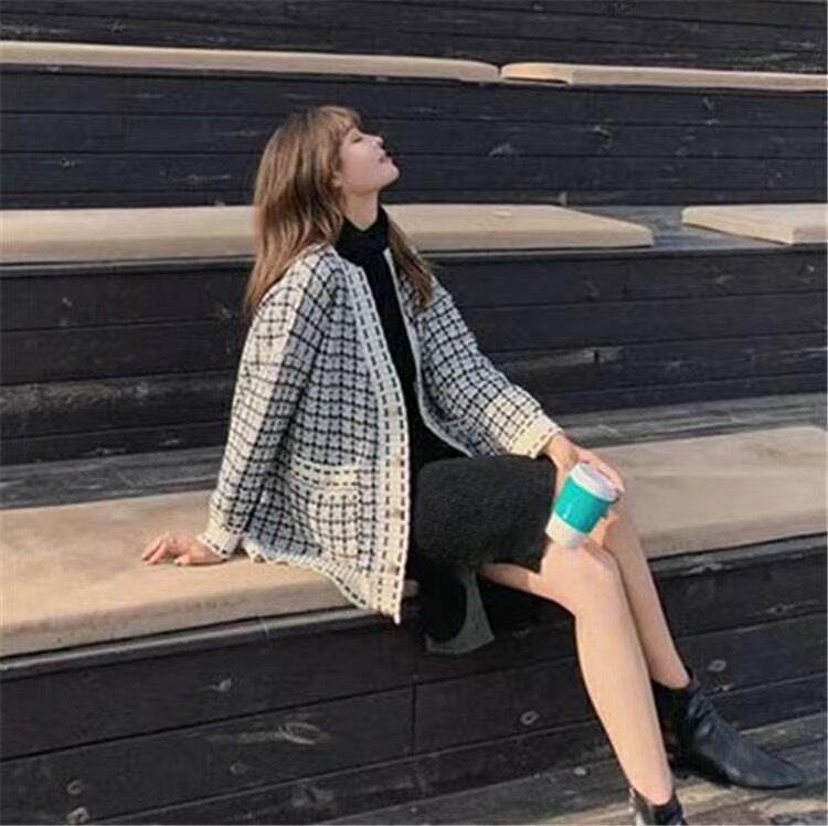 チェックニットカーディガン