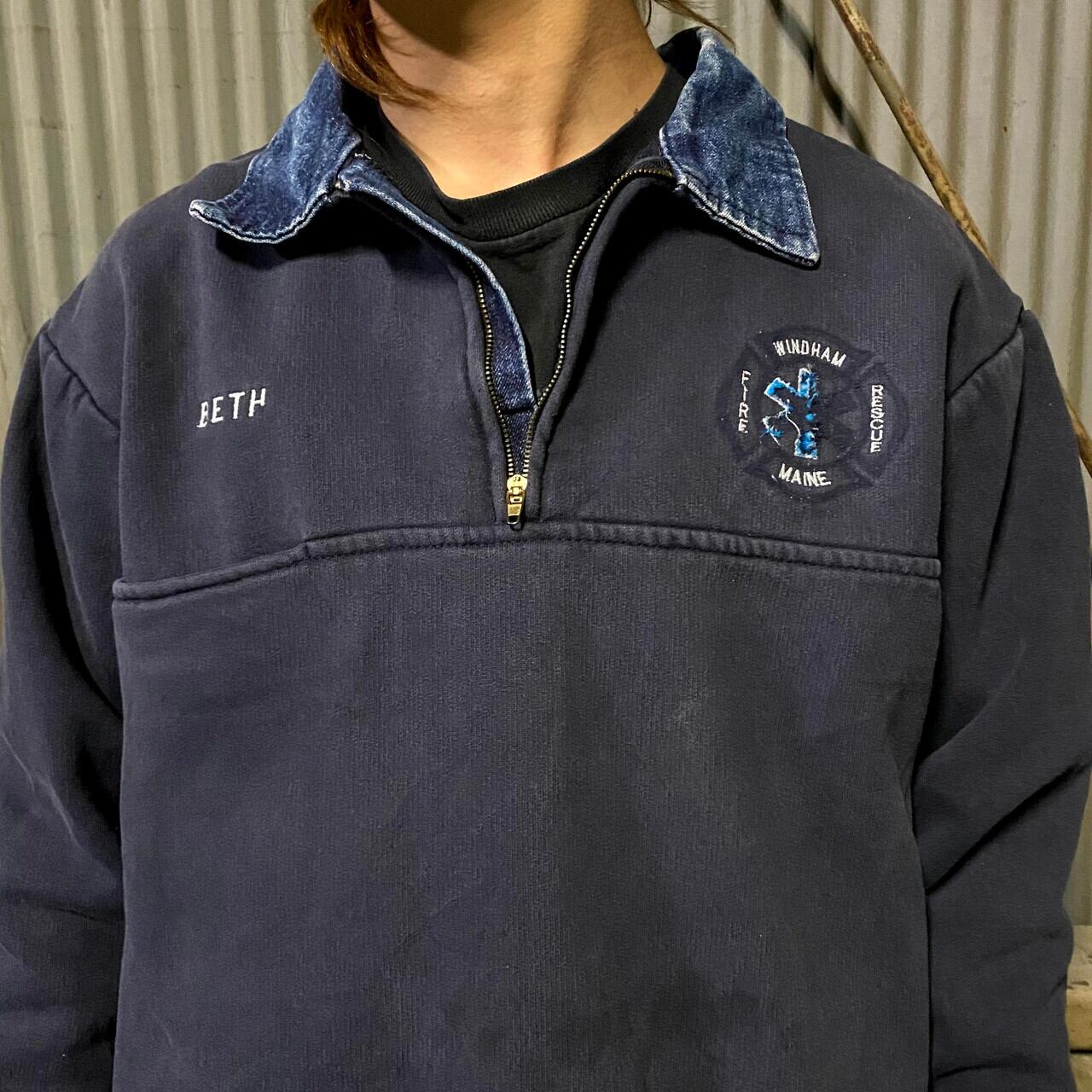 古着　90年代　ビンテージ　オリジナルデザイン　デニムトレーナー 90年代 USA製 刺繍入り デニム襟 EMT PARAMEDIC スウェット メンズL