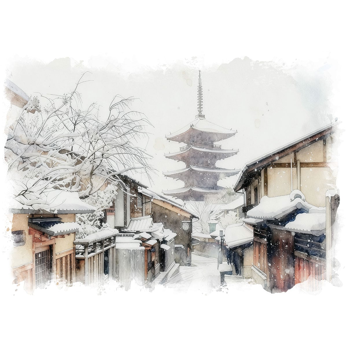 絵画(風景画) 日本 京都府 雪の東山産寧坂、八坂の塔周辺 インテリアアート額付き 水彩画・油絵調 WAT1201