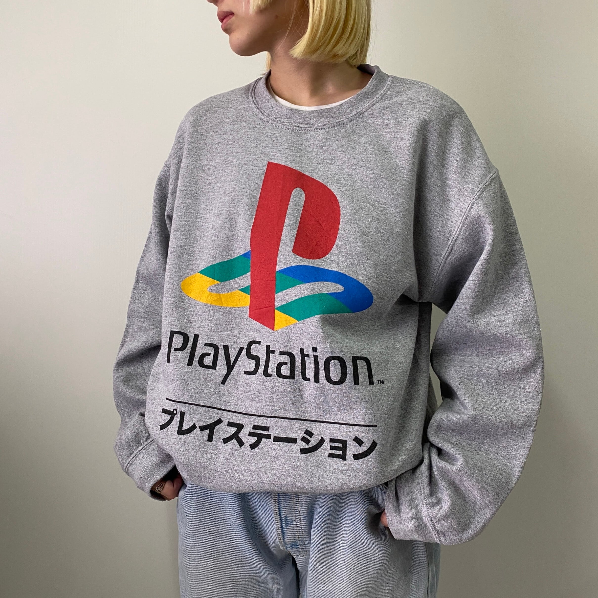 Playstation プレイステーション ゲーム ロゴ プリント スウェットシャツ メンズl相当 古着 トレーナー グレー スウェット Cave 古着屋 公式 古着通販サイト