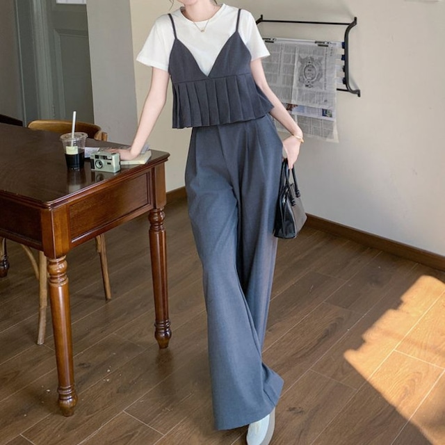 ペプラム風プリーツトップス 3点セットコーデ 　B0304