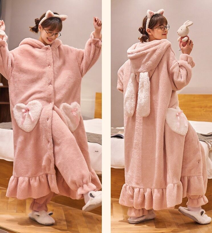 もこもこ 着ぐるみ うさ耳フード ルームウェア ワンピース パンツ 2点