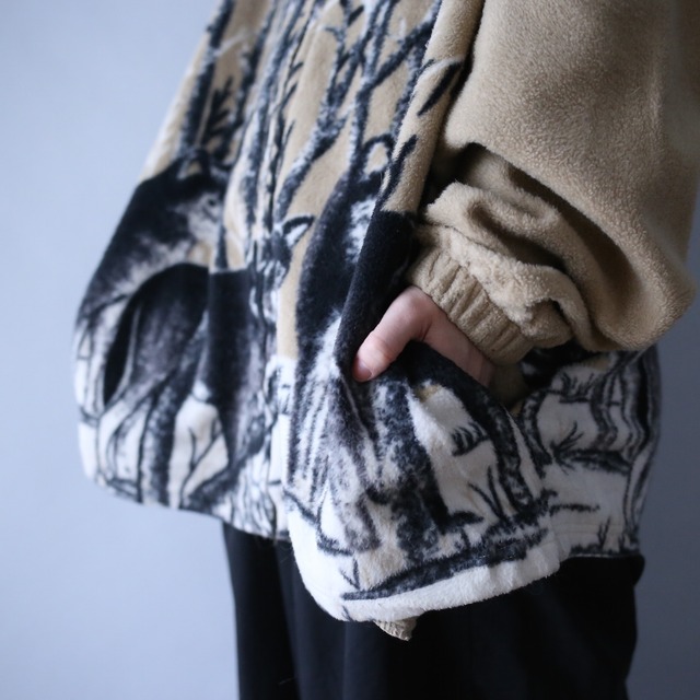 "狼" good animal and tree pattern over silhouette fleece jacket