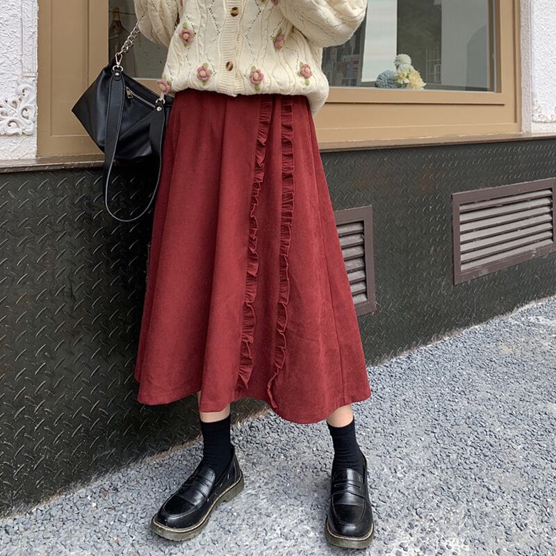 コーデュロイスカート スプリングオータムハイウェストウェスト薄手Aライン 春物 秋物 試着室57388761410