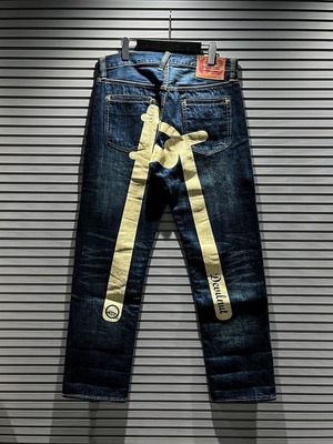 【X VINTAGE】"DEVIL NUTS" Paint Print Design Faded Straight Denim Pants