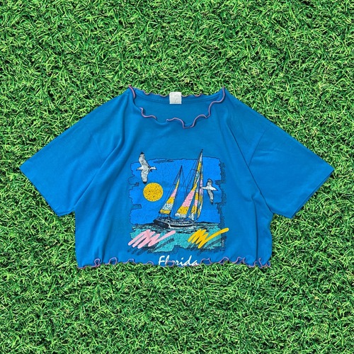 チビ丈ピンクmellowリメイクTシャツ ブルー