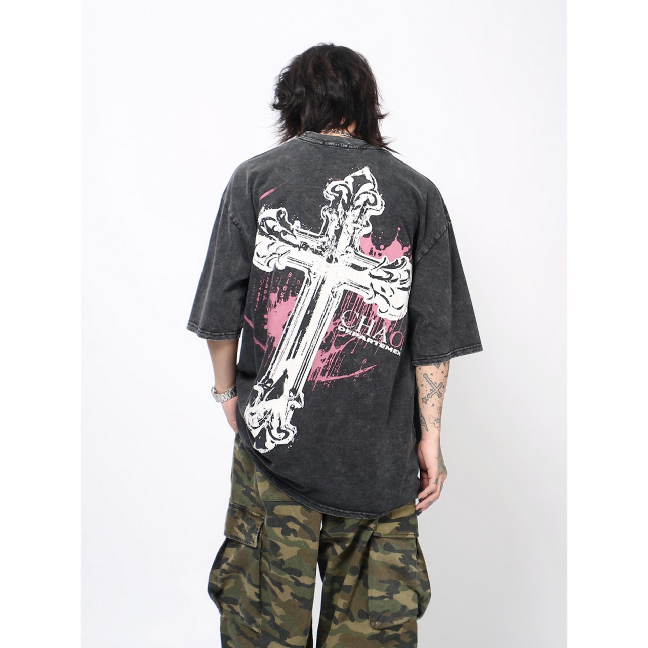 VINTAGE ストリート クロスプリント Tシャツ T1651