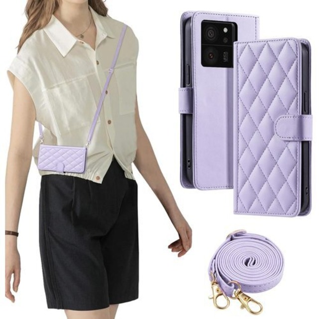 laddutoi FOR xiaomi 13t ケース xiaomi 13t pro ケース 手帳型 おしゃれ ストラップ付き スタンド機能 カード収納 軽量 薄型 耐衝撃 高級PUレザー 滑り防止 財布型 内蔵マグネット 開閉式 チェック柄 上質 耐摩擦 マグネット式 肩掛け 斜め掛けーパープル 2717