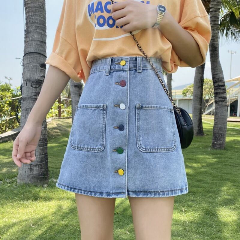 2020年夏新作香港風レトロデニムスカートカラーシングルブレストハイウエストスカート女子学生Aラインスカート 1号婦人9635405471