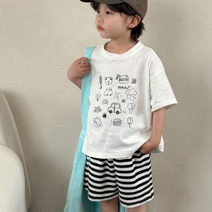 【BABYKID】ホワイトカートゥーンＴシャツ＆ボーダーパンツセット