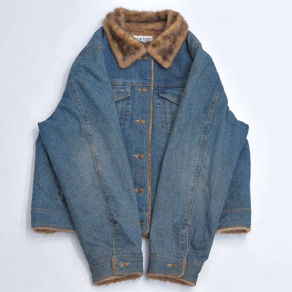 VINTAGE - 90s～ MARVIN RICHARDS フェイクファー デニム シェルパジャケット ヴィンテージ Gジャン ブルー トラッカージャケット ビンテージ USA アメリカ古着 レディースXLサイズ 90s～ MARVIN RICHARDS フェイクファー デニム シェルパ