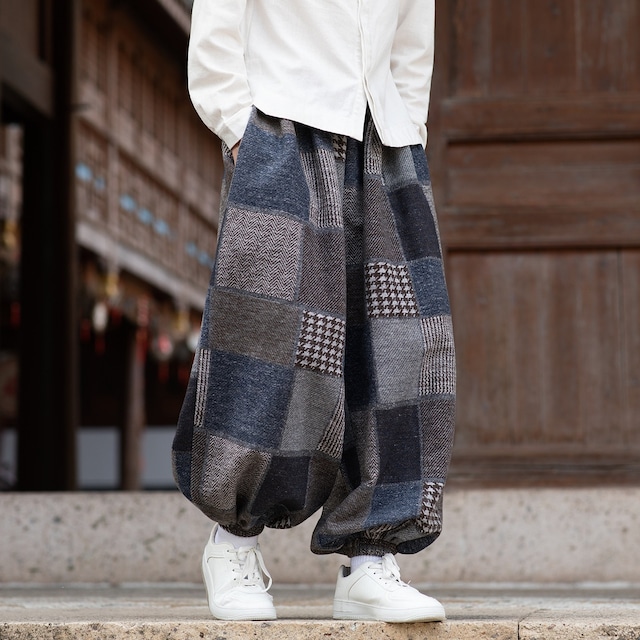 【HKシリーズ】★チャイナ風ズボン★ ボトムス カジュアルパンツ メンズ 大きいサイズ チェック柄 切り替え レトロ ルーズ