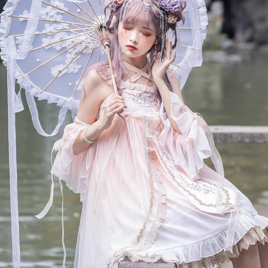 花柄アンティーク♡ロリータセットアップ 華ロリ セットアップ 付け袖 JSK 中華刺繍 花柄 ガーリー 甘め 量産型