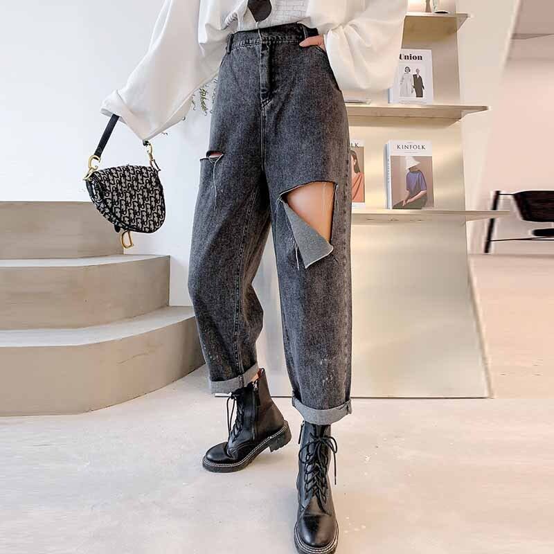 プラスサイズの女性の2020年秋の新しい太った姉妹ハイウエストルーズワイドレッグファッションレトロポートスタイル破れたジーンズ ミックスインファッション64928858913