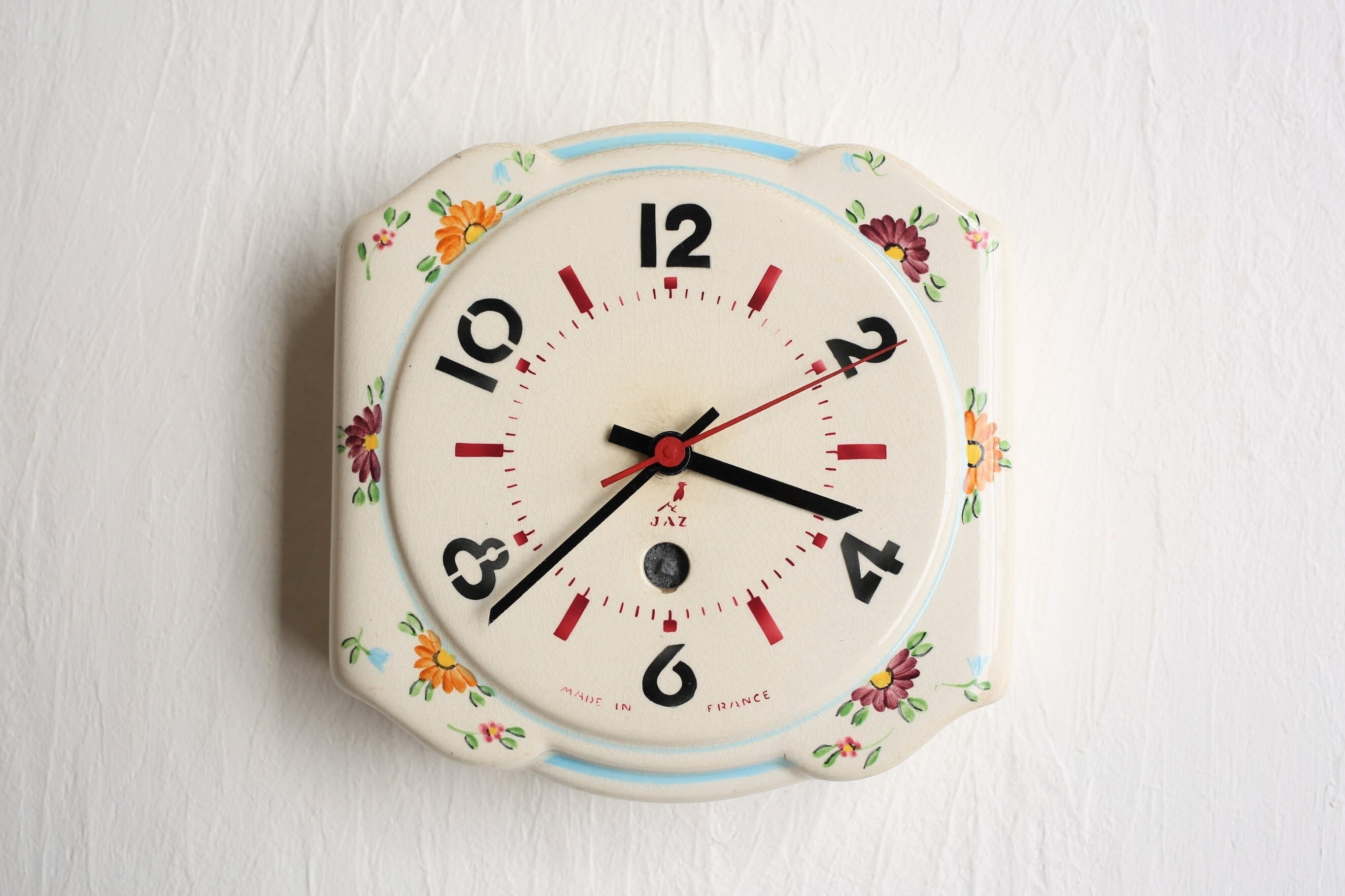 フランス アンティーク ヴィンテージ JAZ 壁掛け時計（陶器 花柄、電池