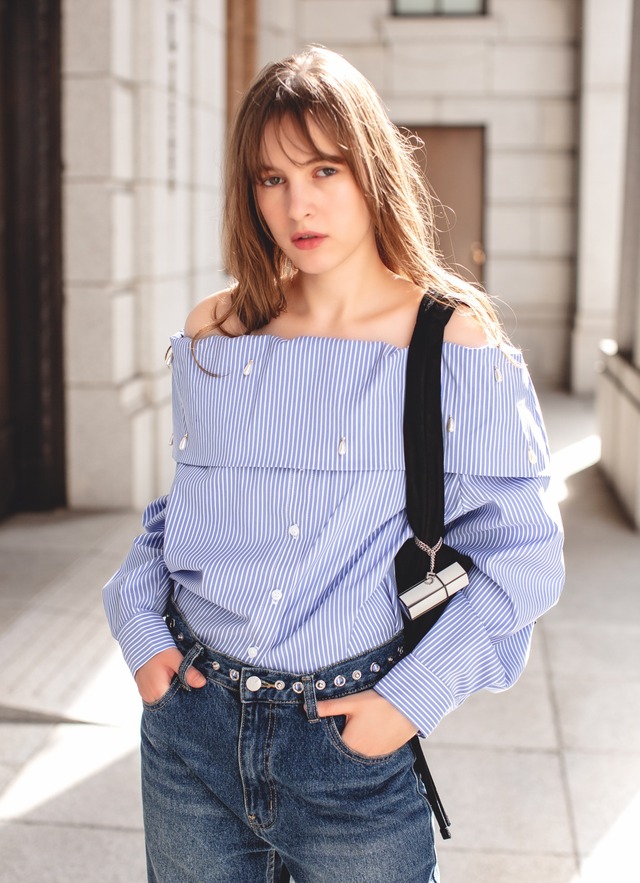 （select)スタッズデニム(インディゴブルー/ブラックデニム）