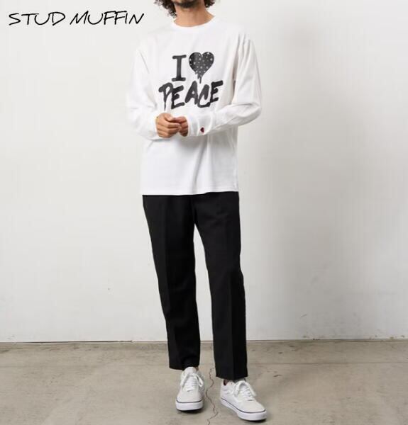 STUD MUFFIN スタッドマフィン ロンT コットン天竺 カラークリスタル メタルミックス 長袖 Tシャツ カットソー メンズ トップス ホワイト 624-02896