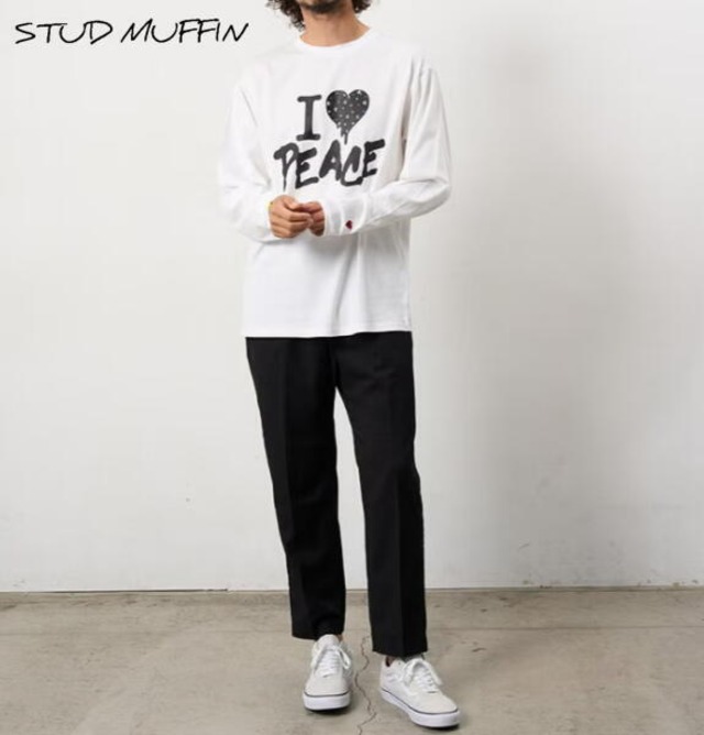 STUD MUFFIN スタッドマフィン ロンT コットン天竺 カラークリスタル メタルミックス 長袖 Tシャツ カットソー メンズ トップス ホワイト 624-02896