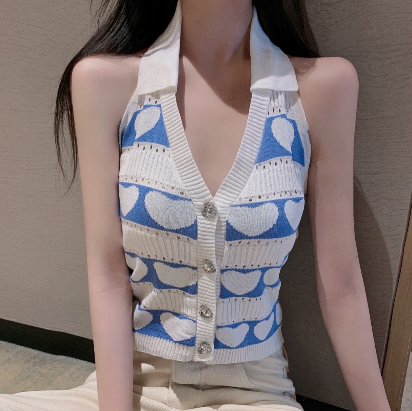 ニットサマースタイルスタンダードストラップレスショートノースリーブトップス レトロ 半袖 ハーフスリーブ 大人ガーリー スウィート キュート カジュアル 夏物 ハンチェンe97544115706